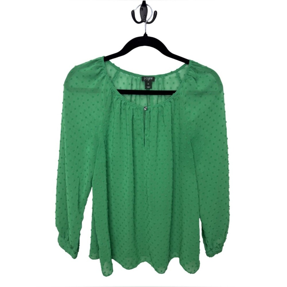 J Crew Factory Kelly Green Swiss Dot Sheer Blouse Keyhole Peasant Top Medium M - Picture 2 of 9